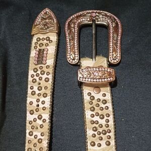BB Simon Studded Pink/Tan Belt with Gold Buckle